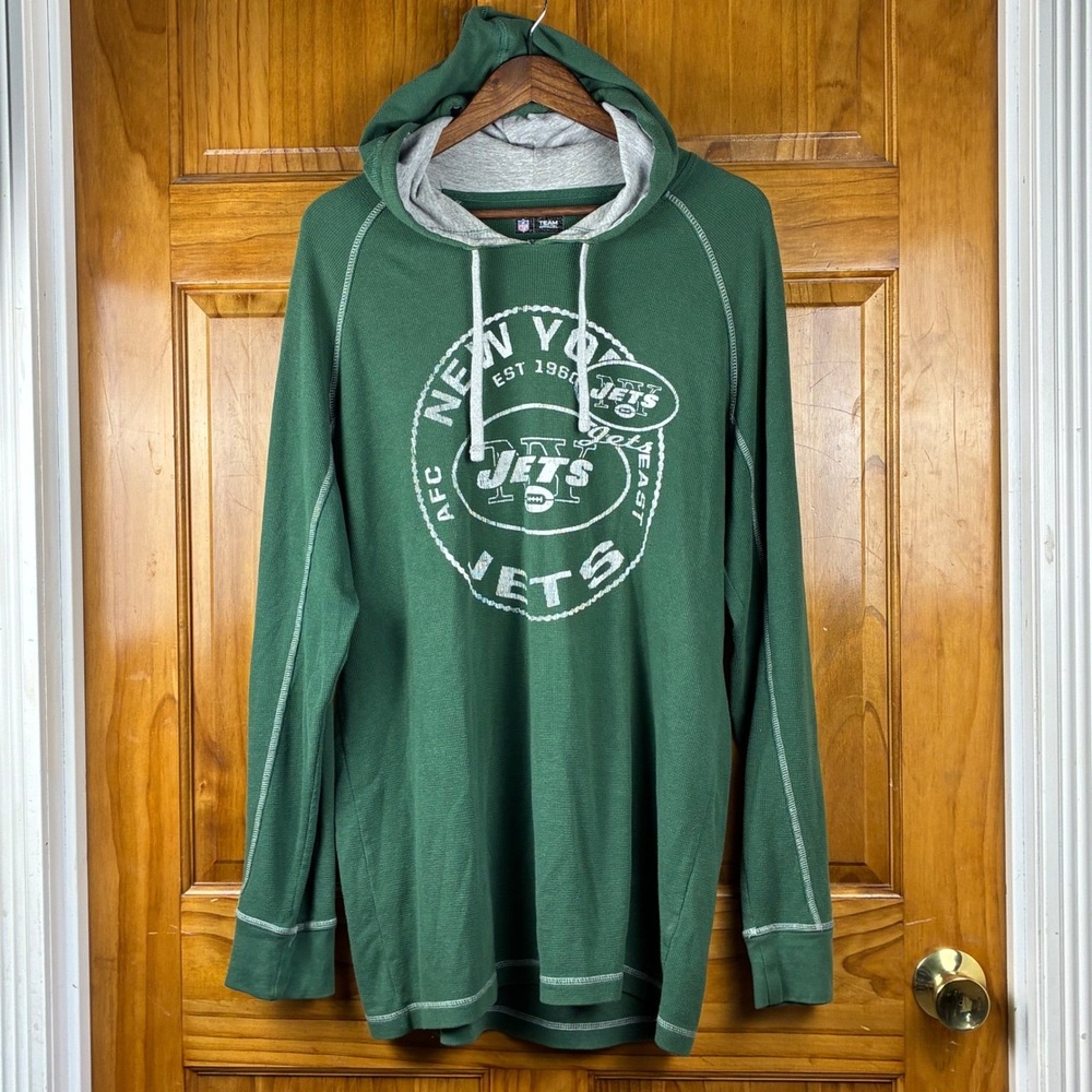 NFL Team Apparel New York Jets Waffle Knit Thermal Hoodie Mens XL Distressed